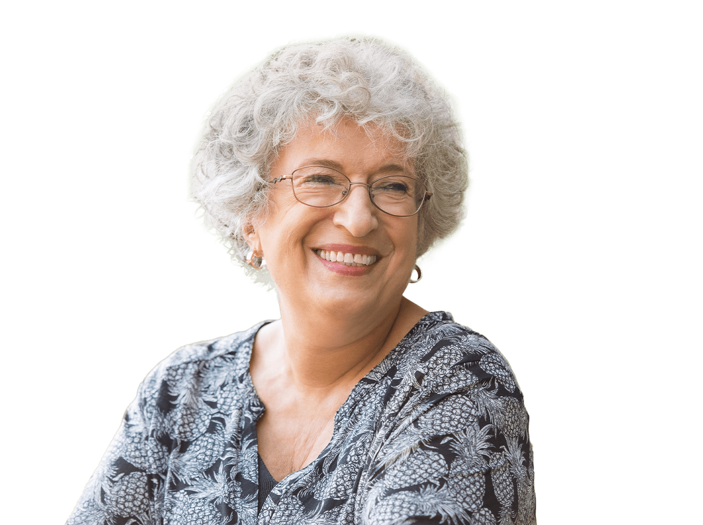 senior woman with grey hair smiling wearing glasses 