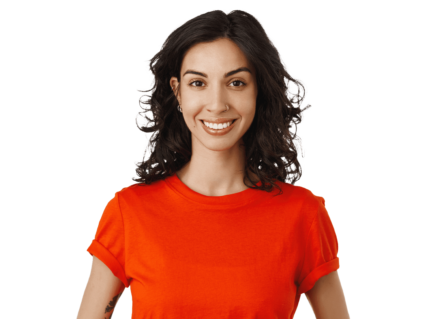 woman in reddish orange shirt 