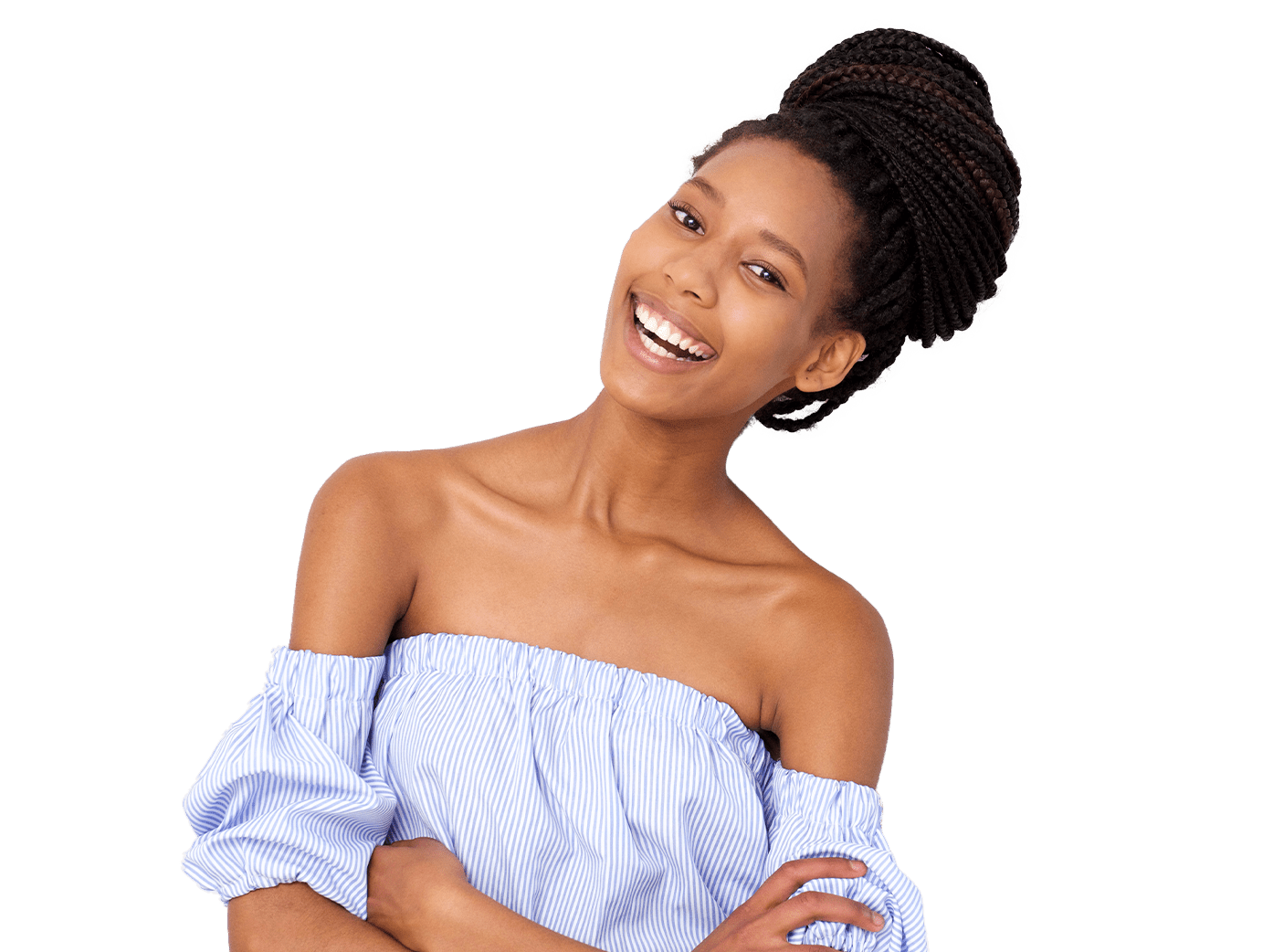 young woman with wrapped braids smiling