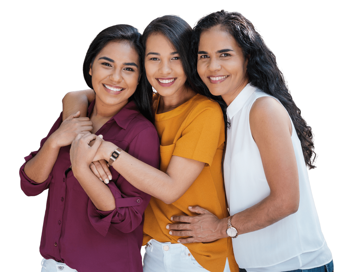 Mother and two teen daughters embracing each other