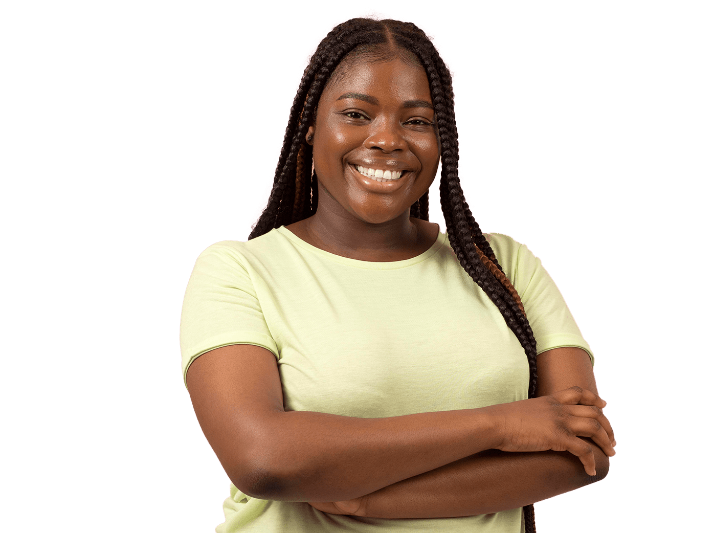 Young woman with braids in yellow shirt with arms folded