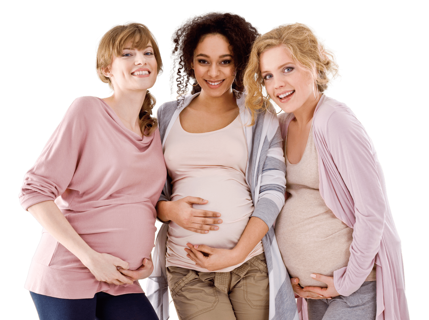 Three diverse young pregnant women holding their bellies
