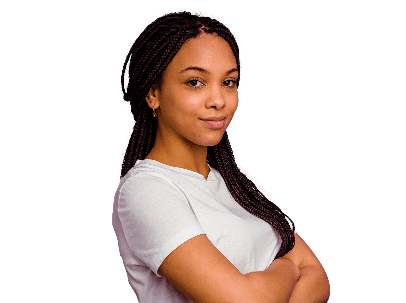 Young woman with braids in white shirt
