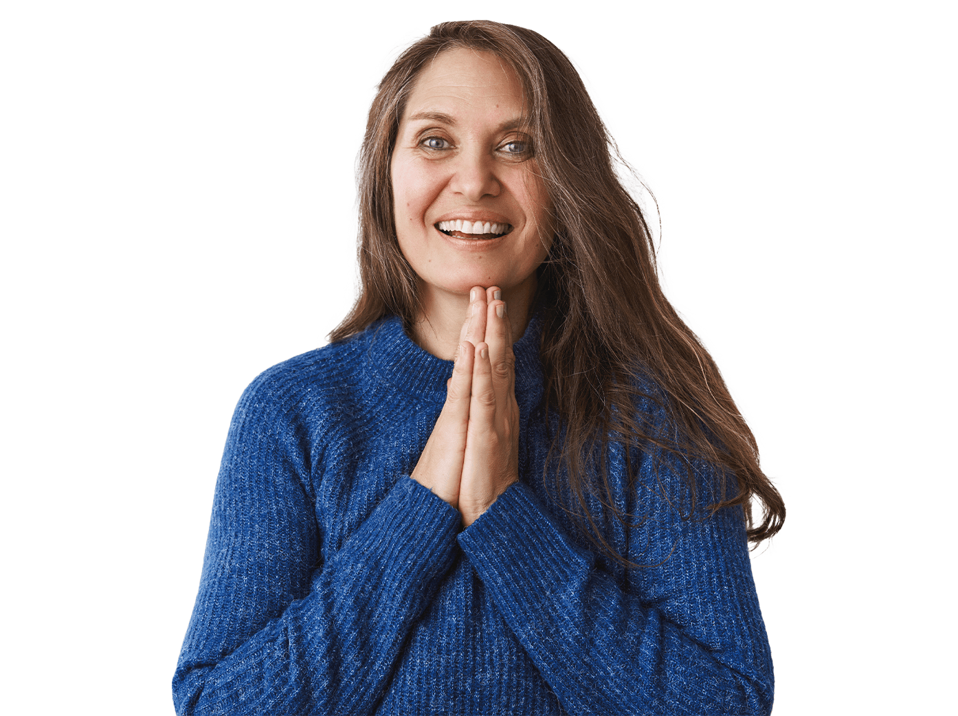 Woman smiling with prayer hands