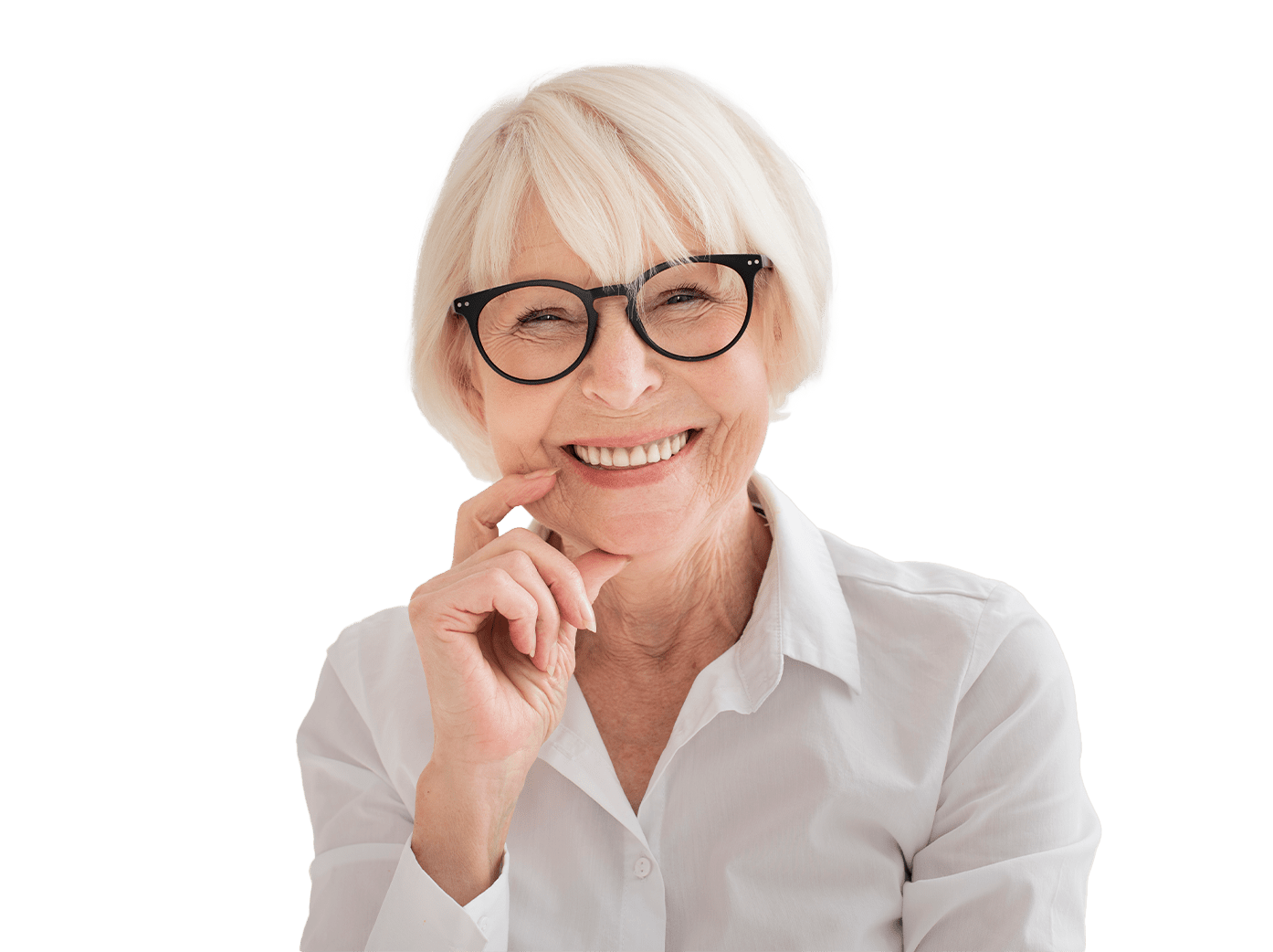 Older woman with grey hair wearing glasses in white button up shirt
