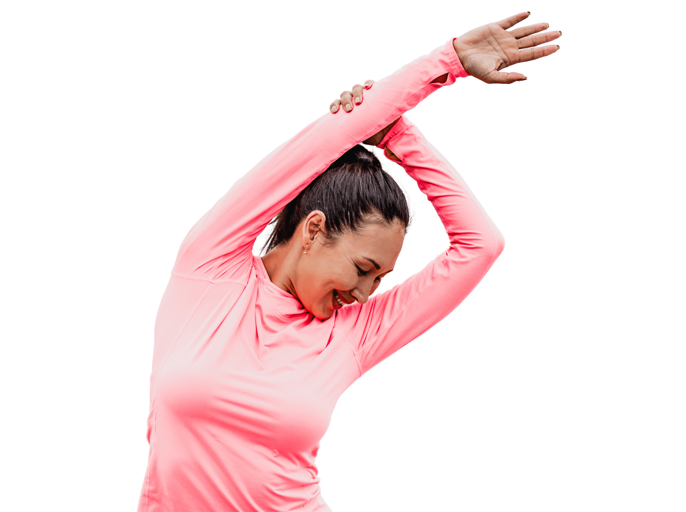 Woman in long sleeve pink shirt stretching arms