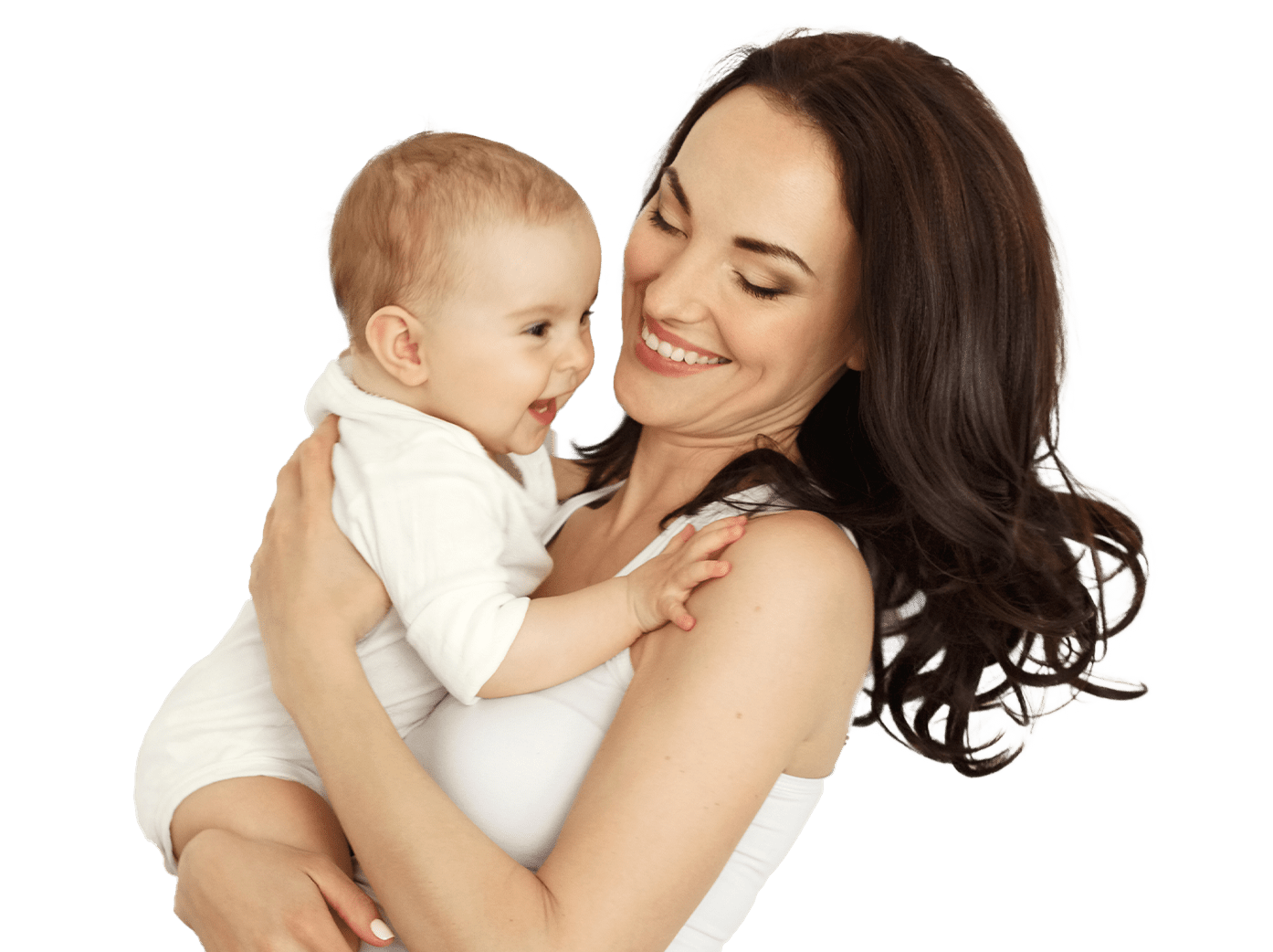 Woman holding infant baby both wearing white shirt