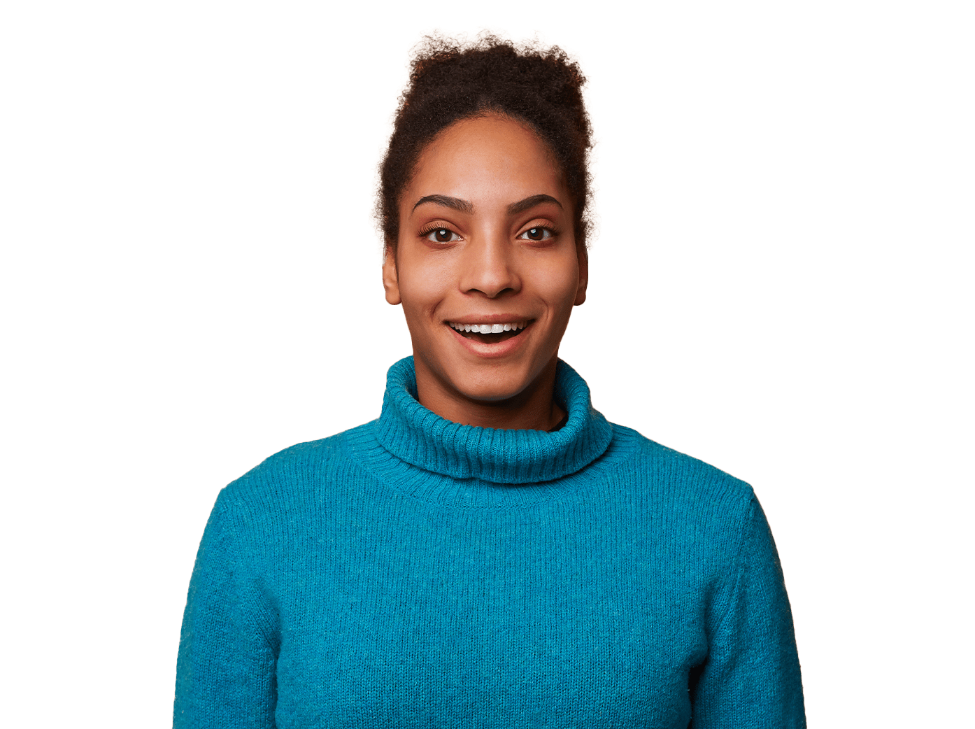 Woman in blue sweater smiling
