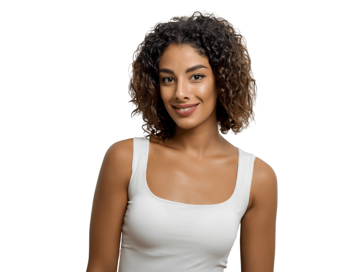 young woman short hair white tank top