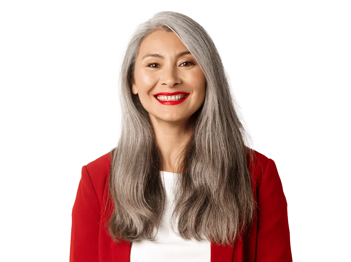 Older Woman with grey hair with red jacket