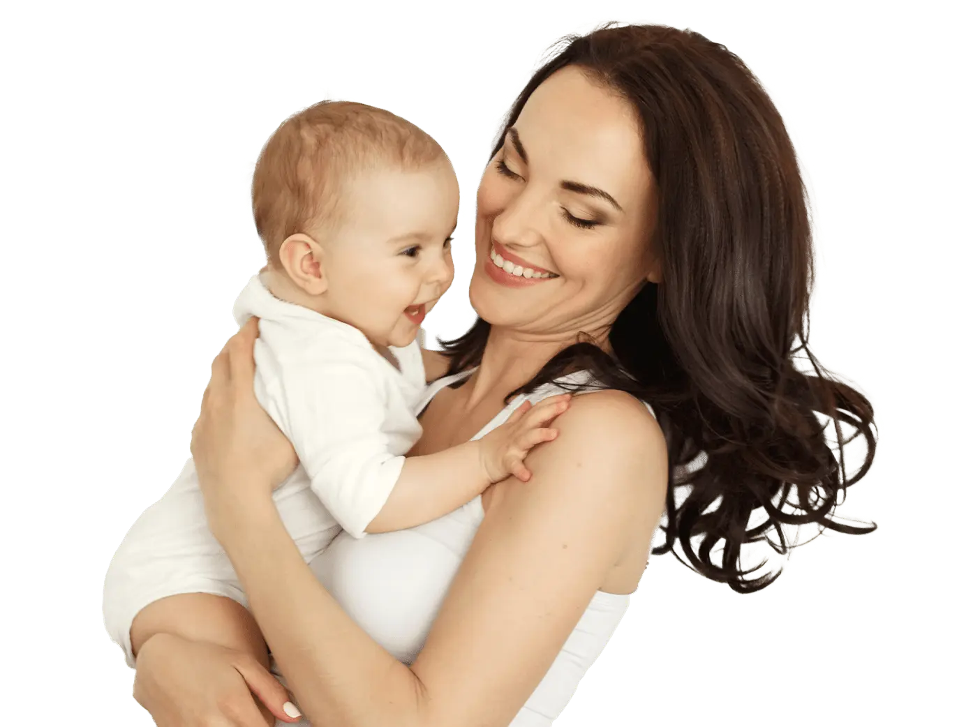 Woman holding infant baby both wearing white shirt